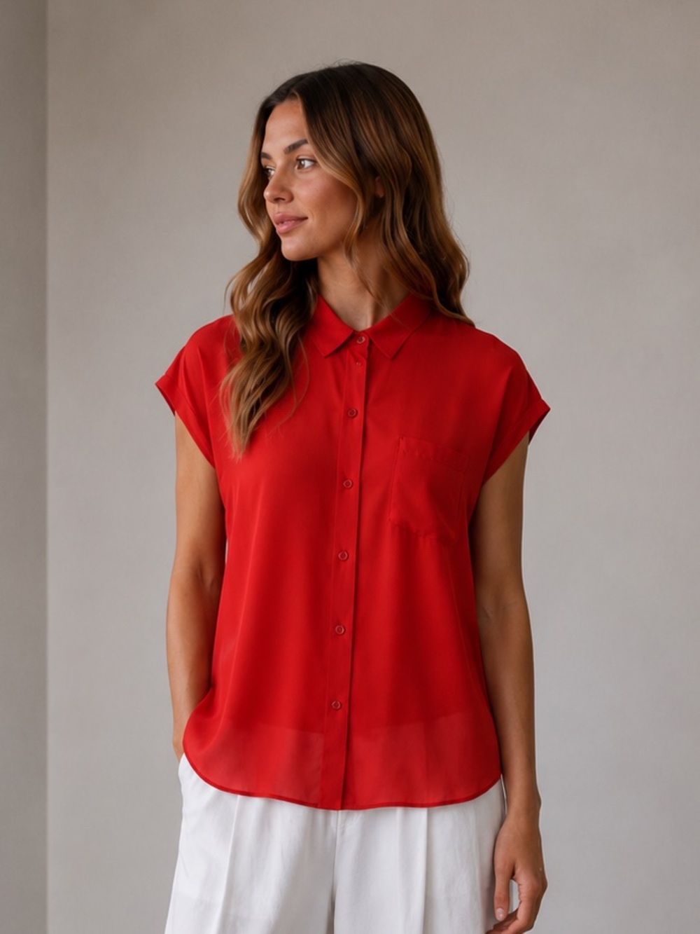 Benetton Red Viscose Blouse XS NWT Relaxed Oversized Lightweight Minimalist Chic